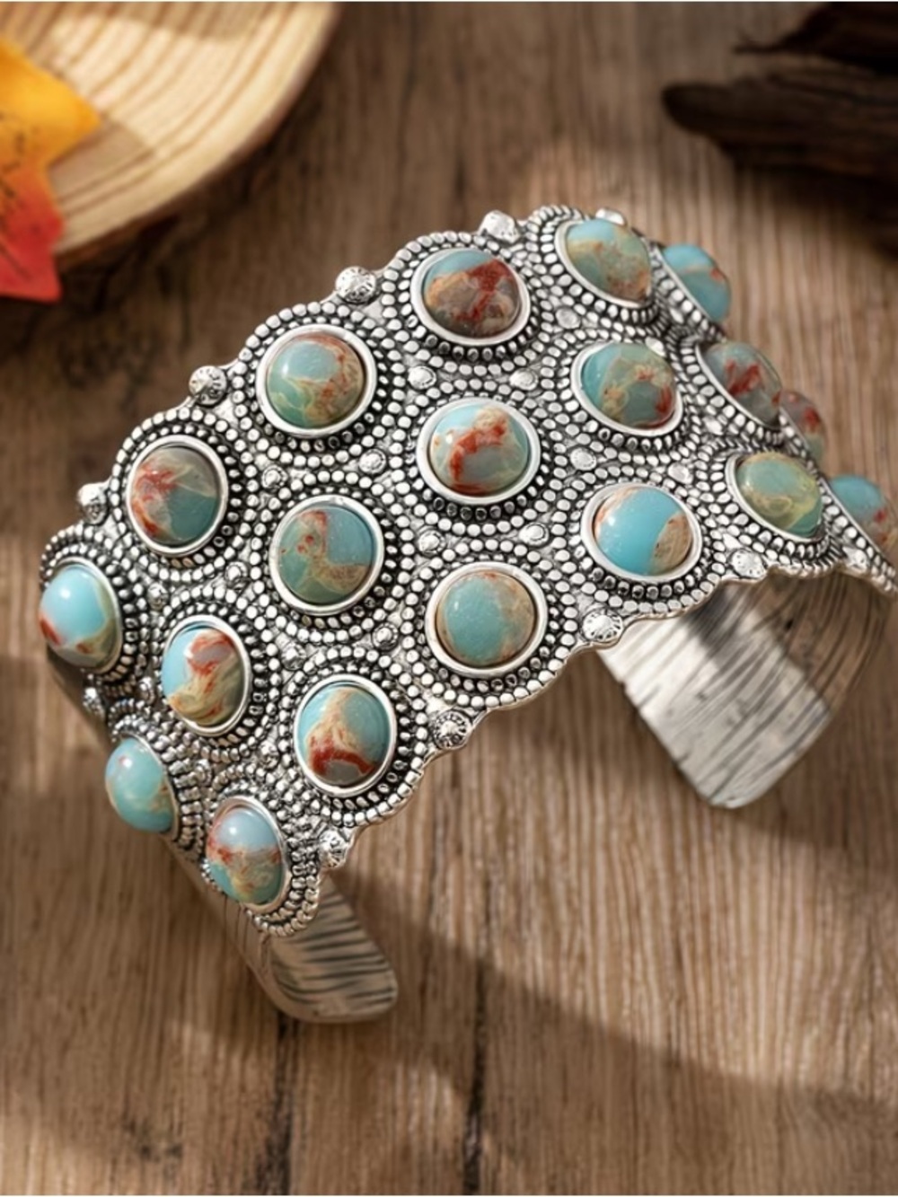 WESTERN Faux Turquoise Accented Silver Beaded Cuff Bracelet